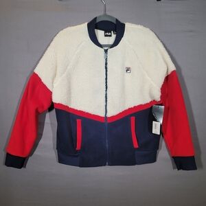 FILA Colorblock Sherpa Zip Jacket - Cream, Navy & Red